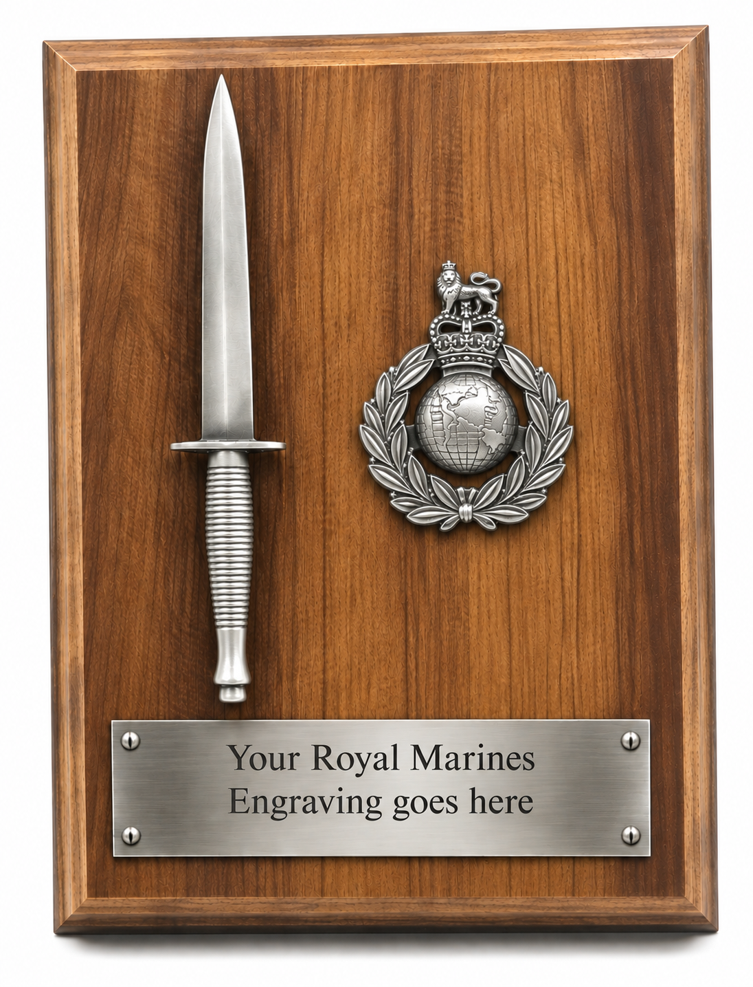 A wooden Royal Marines commemorative plaque featuring a silver dagger and a silver crest emblem, with a customizable metal nameplate at the bottom reading 'Your Royal Marines Engraving goes here'.
