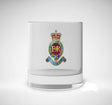 A clear glass rocks tumbler featuring a detailed 7 Royal horse artillery crest printed on the front, set against a clean light gray background.