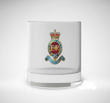 A clear glass rocks tumbler featuring a detailed 7 Royal horse artillery crest printed on the front, set against a clean light gray background.