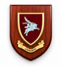 A wooden shield-shaped wall plaque featuring a red and gold crest with a silver Pegasus design and a gold ribbon banner reading 'AIRBORNE' at the bottom, shown on a plain white background.
