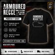 A black short-sleeve T-shirt displayed on a dark promotional graphic with text reading 'ARMOURED RECCE' and a tank illustration on the chest. The image includes marketing callouts such as 'Printed T-Shirt,' 'Premium Quality Soft Cotton,' 'High Quality Front Print,' and 'Printed to Order in the UK,' plus a 'Fat Chimp' logo and 'Veteran Designed' badge.