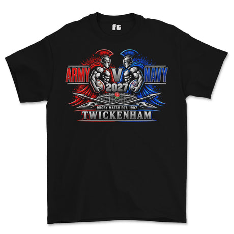 A black short-sleeve t-shirt with a large graphic print on the front depicting a 'Army vs Navy 2027' match-up with Spartan figures, a banner reading 'Twickenham', and a small 'fg' logo printed inside the collar.