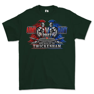 A dark green short-sleeve t-shirt with a large graphic print on the front. The graphic features two Spartan-like warriors, one labeled 'ARMY' in red and the other 'NAVY' in blue, facing each other with '2027' in the center.