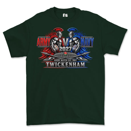 A dark green short-sleeve t-shirt with a large graphic print on the front. The graphic features two Spartan-like warriors, one labeled 'ARMY' in red and the other 'NAVY' in blue, facing each other with '2027' in the center.