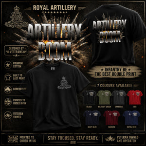 A promotional product graphic for a Royal Artillery 'Artillery Boom' t-shirt. The main product shown is a black crewneck t-shirt with a grey crest graphic on the chest, alongside its back view showing a large distressed 'ARTILLERY BOOM' text print.