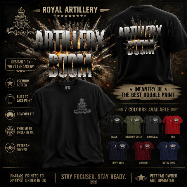 A promotional product graphic for a Royal Artillery 'Artillery Boom' t-shirt. The main product shown is a black crewneck t-shirt with a grey crest graphic on the chest, alongside its back view showing a large distressed 'ARTILLERY BOOM' text print.