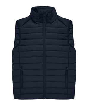 Black puffer vest on a white background