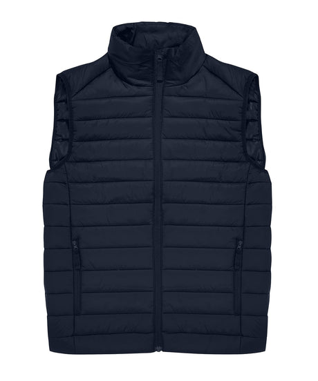 Black puffer vest on a white background