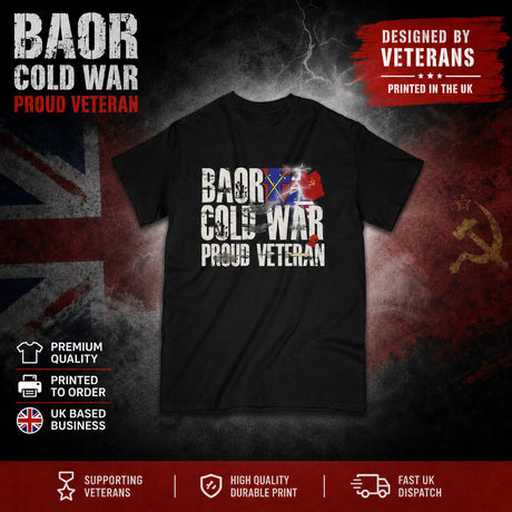 A black short-sleeve T-shirt centered on a dark promotional graphic background. The shirt has large distressed white text reading 'BAOR COLD WAR PROUD VETERAN' with a Union Jack flag integrated into the lettering.