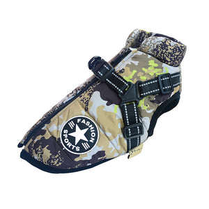 Camouflage dog harness with 'Fashion Sports' logo on a white background