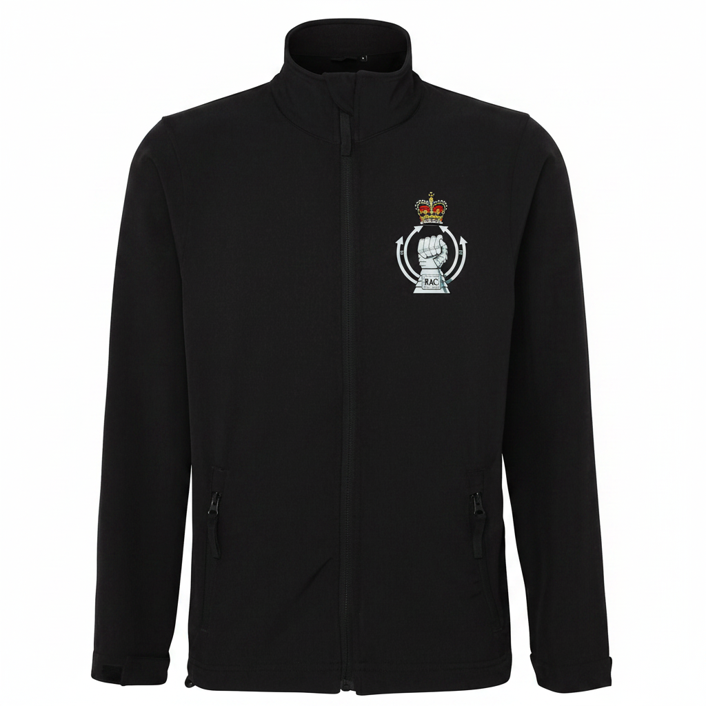 Black soft shell jacket with embroidered Royal Armoured Corps badge on the left chest