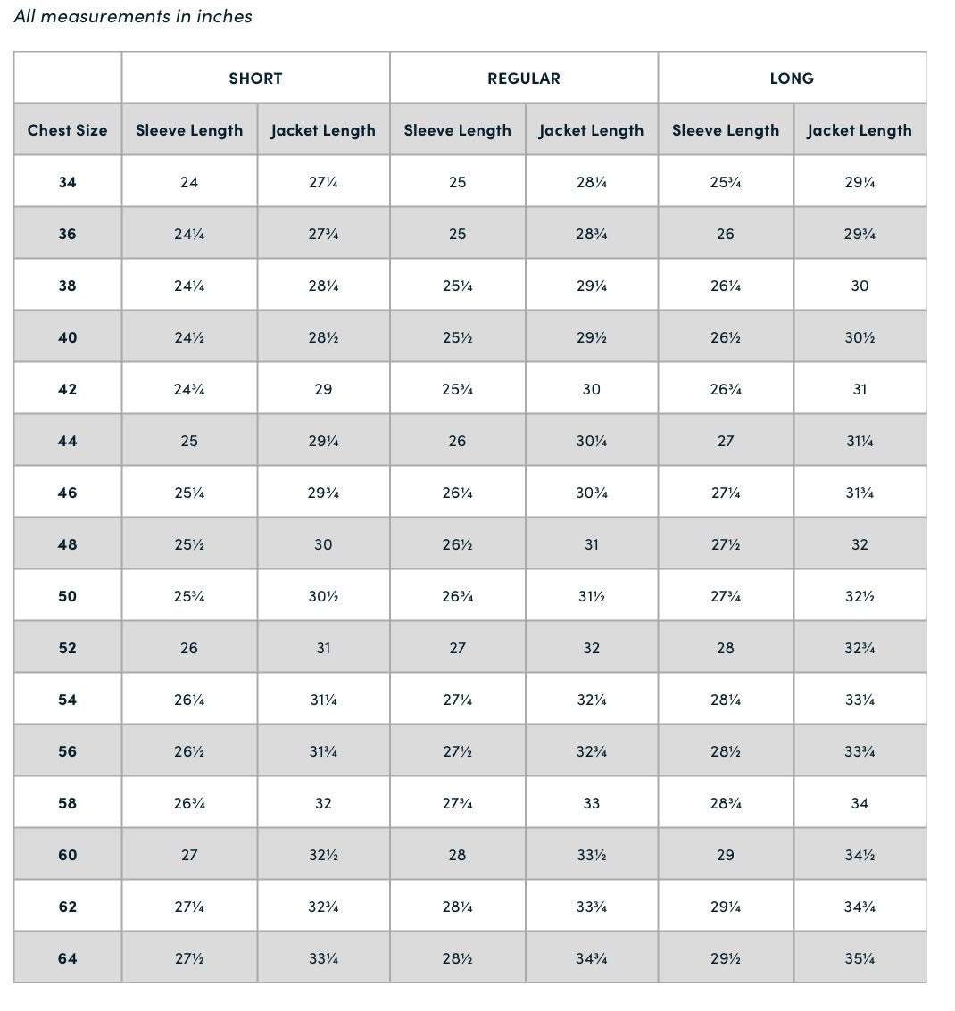 A sizing chart table showing measurements for short, regular, and long sizes in inches, with columns for chest size, sleeve length, jacket length, sleeve length, and jacket length.