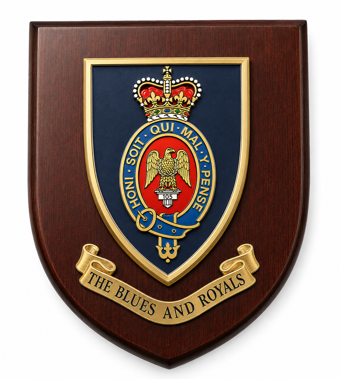 A wooden shield plaque featuring the Blues and Royals military emblem, with a dark brown wood-grain finish, a navy blue center, gold trim, and a red and gold crest.
