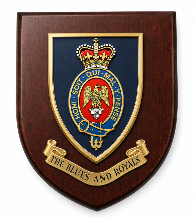 A wooden shield plaque featuring the Blues and Royals military emblem, with a dark brown wood-grain finish, a navy blue center, gold trim, and a red and gold crest.