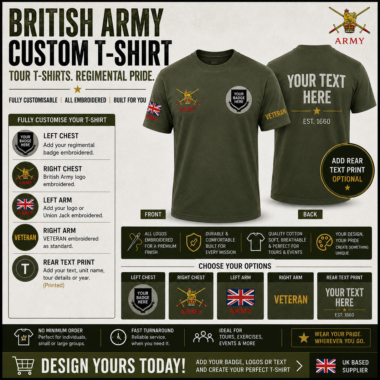 British Army Units Regimental T-Shirt Multi Logo Options