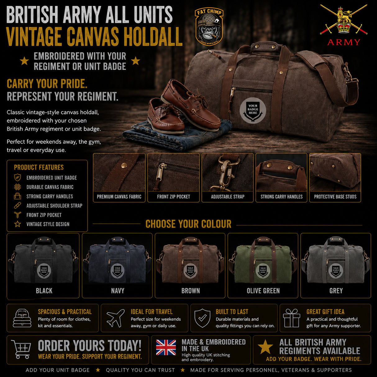 British Army Regiments Vintage Canvas Holdall