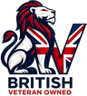 A stylized lion mascot in red, white, and navy with a Union Jack pattern integrated into a large letter V, above the text 'BRITISH VETERAN OWNED' on a black background.