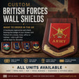 Promotional graphic for custom British Forces wall shields, showing a large wooden plaque with a red shield and gold Royal crest on the right, four smaller shield examples on the left, and marketing text including 'Custom British Forces Wall Shields' and 'All Units Available' from Fatchip.co.