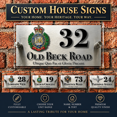 Custom house sign plaque set displayed on a brick wall background, featuring a large silver metal sign for '32 Old Beck Road' with a crest emblem, plus four smaller sample signs below showing different addresses and text options. The top banner reads 'Custom House Signs' and the bottom section includes feature callouts.