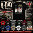 A promotional graphic for a D-Day 80th Anniversary t-shirt. The main subject is a black t-shirt showing the back design with parachutist silhouettes and '80th D-Day 1944-2024' text.