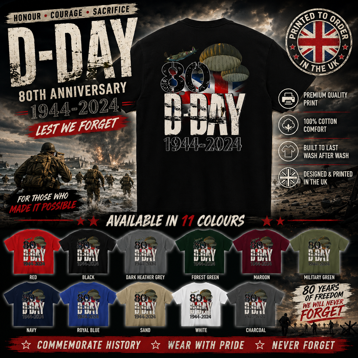 A promotional graphic for a D-Day 80th Anniversary t-shirt. The main subject is a black t-shirt showing the back design with parachutist silhouettes and '80th D-Day 1944-2024' text.