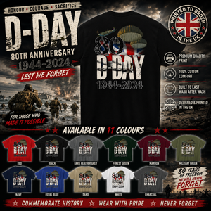 A promotional graphic for a D-Day 80th Anniversary t-shirt. The main subject is a black t-shirt showing the back design with parachutist silhouettes and '80th D-Day 1944-2024' text.