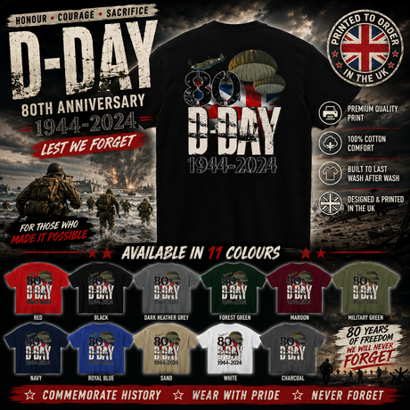 A promotional graphic for a D-Day 80th Anniversary t-shirt. The main subject is a black t-shirt showing the back design with parachutist silhouettes and '80th D-Day 1944-2024' text.