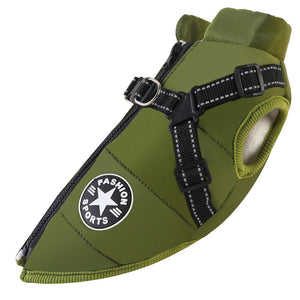 Green dog harness with a visible brand logo on a white background