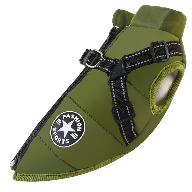 Green dog harness with a visible brand logo on a white background