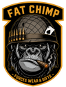 Logo of Fat Chimp with a gorilla wearing a helmet and smoking a cigar, on a black background.