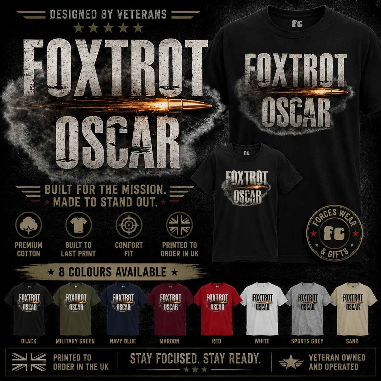 Promotional graphic for a 'Foxtrot Oscar' military t-shirt design, featuring a large black t-shirt with a bullet graphic and text, a smaller mockup of the same shirt, and a row of eight color options at the bottom.