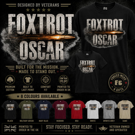 Promotional graphic for a 'Foxtrot Oscar' military t-shirt design, featuring a large black t-shirt with a bullet graphic and text, a smaller mockup of the same shirt, and a row of eight color options at the bottom.