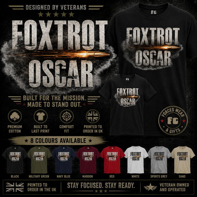 Promotional graphic for a 'Foxtrot Oscar' military t-shirt design, featuring a large black t-shirt with a bullet graphic and text, a smaller mockup of the same shirt, and a row of eight color options at the bottom.