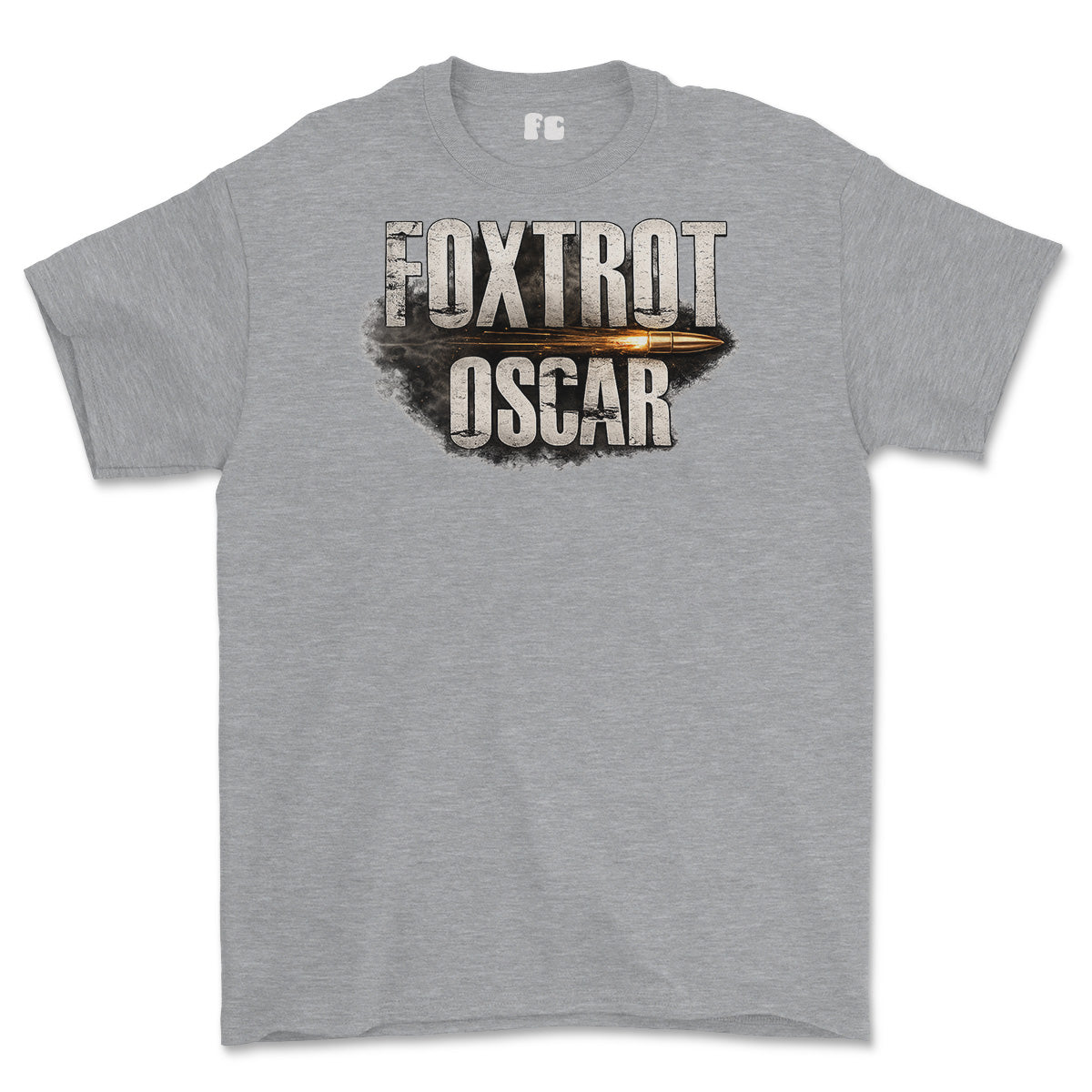 A heather gray short-sleeve crewneck t-shirt featuring a distressed graphic print on the chest that reads 'FOXTROT OSCAR' with a bullet graphic behind it.