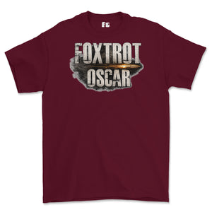 A maroon short-sleeve crewneck t-shirt featuring a distressed graphic on the chest that reads 'FOXTROT OSCAR' with a bullet graphic behind it, displayed on a clean white background.