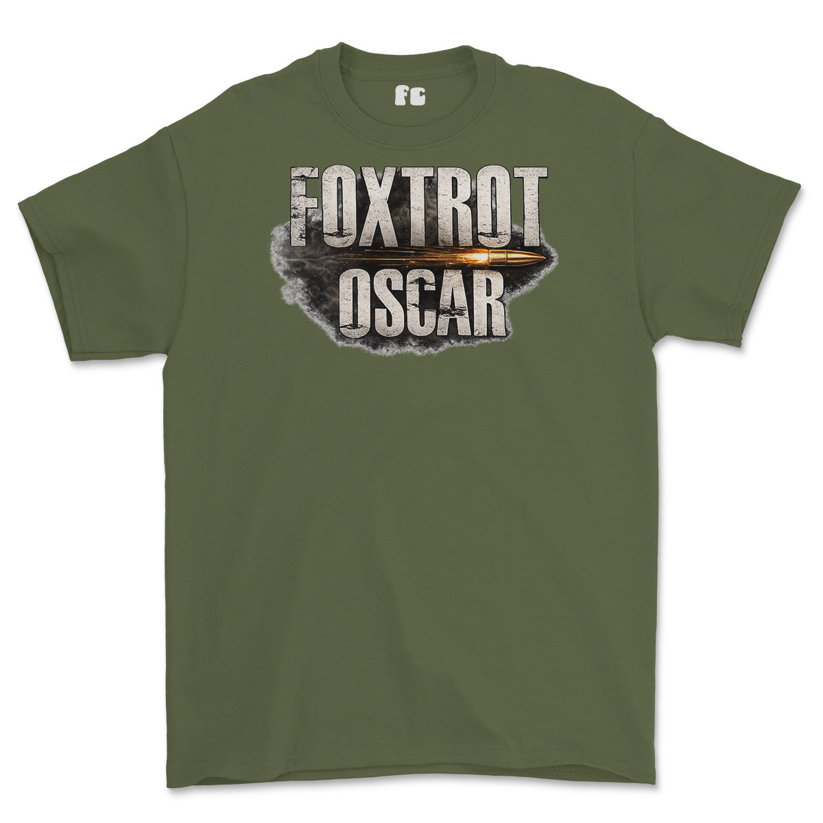 An olive green short-sleeve t-shirt with a graphic on the chest reading 'FOXTROT OSCAR' in distressed white letters over a bullet-hole style design with a gold-orange highlight.