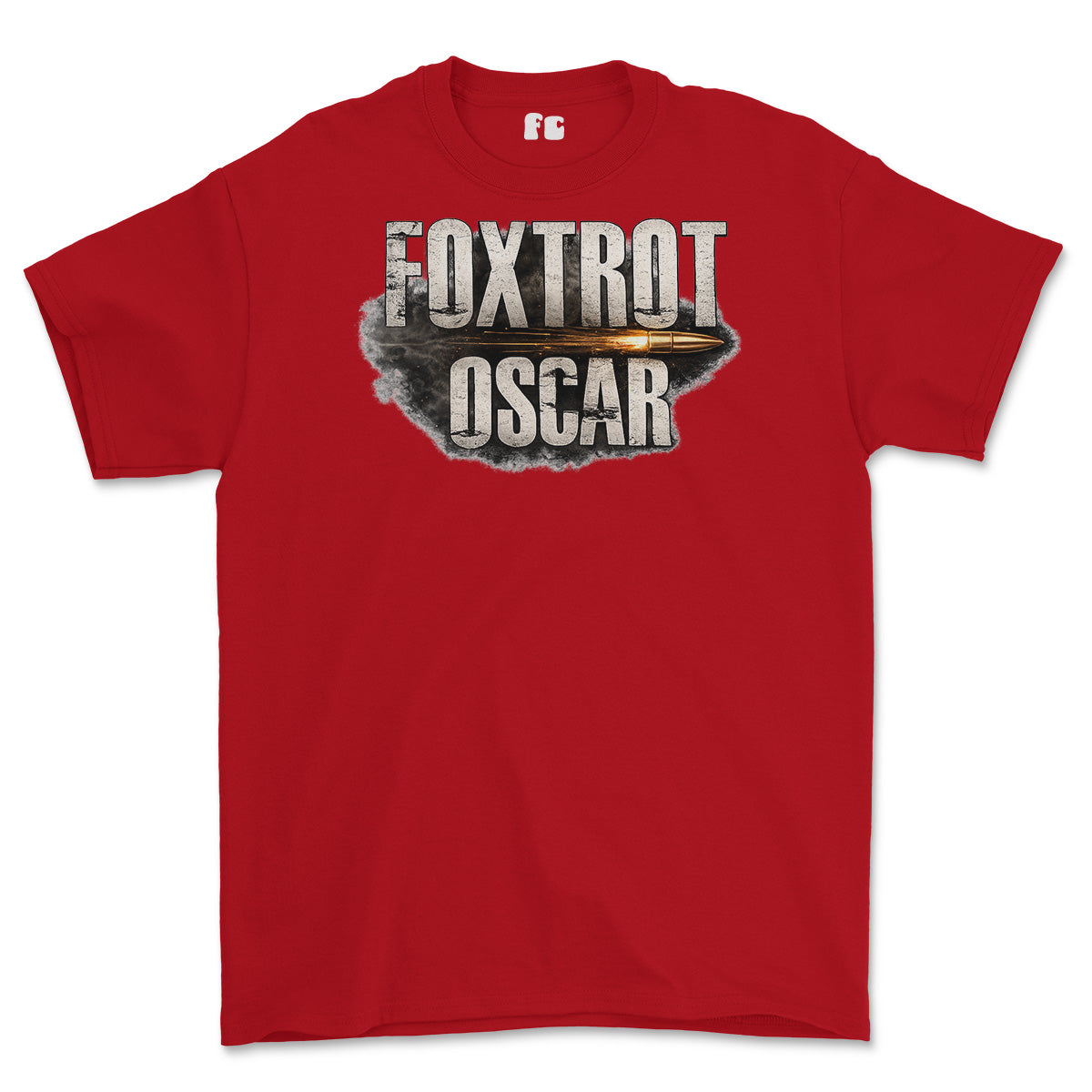 A red short-sleeve crewneck t-shirt featuring a distressed graphic on the chest that reads 'FOXTROT OSCAR' with a bullet graphic behind it, on a plain white background.
