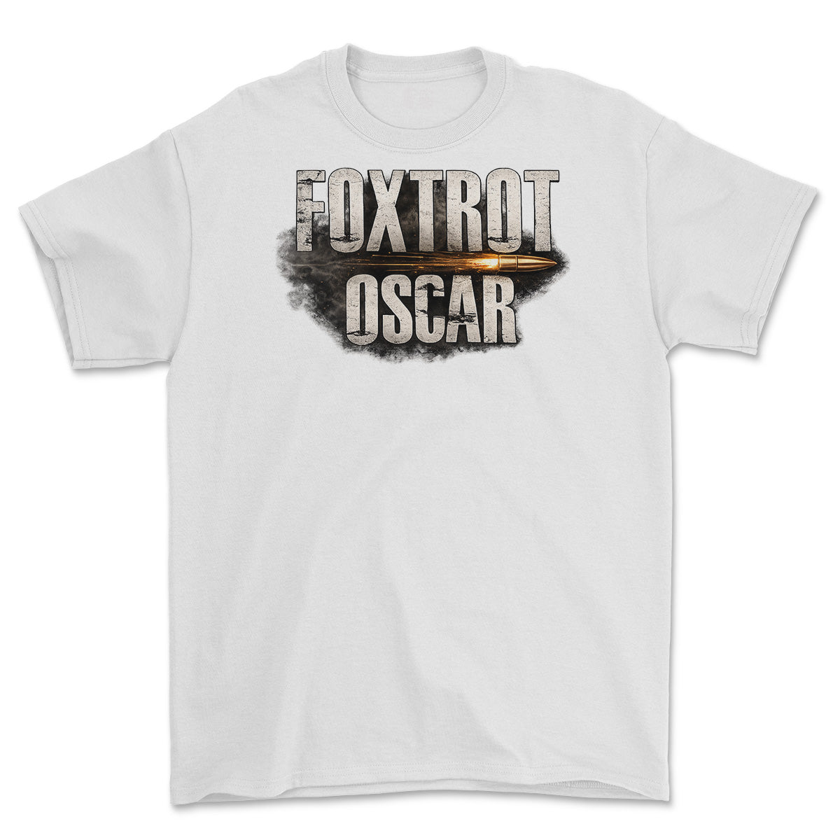 A white short-sleeve crewneck t-shirt featuring a graphic print on the front with the words 'FOXTROT OSCAR' in distressed stencil-style lettering over a dark smoky shape with a gold horizontal highlight.