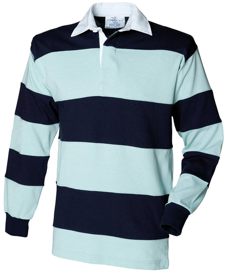 Light blue and navy striped rugby shirt on a white background