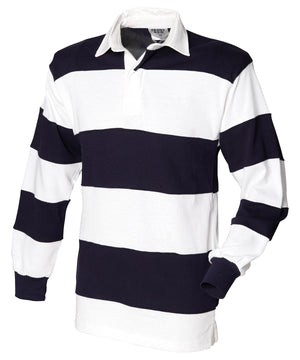 Navy and white striped rugby shirt on a white background