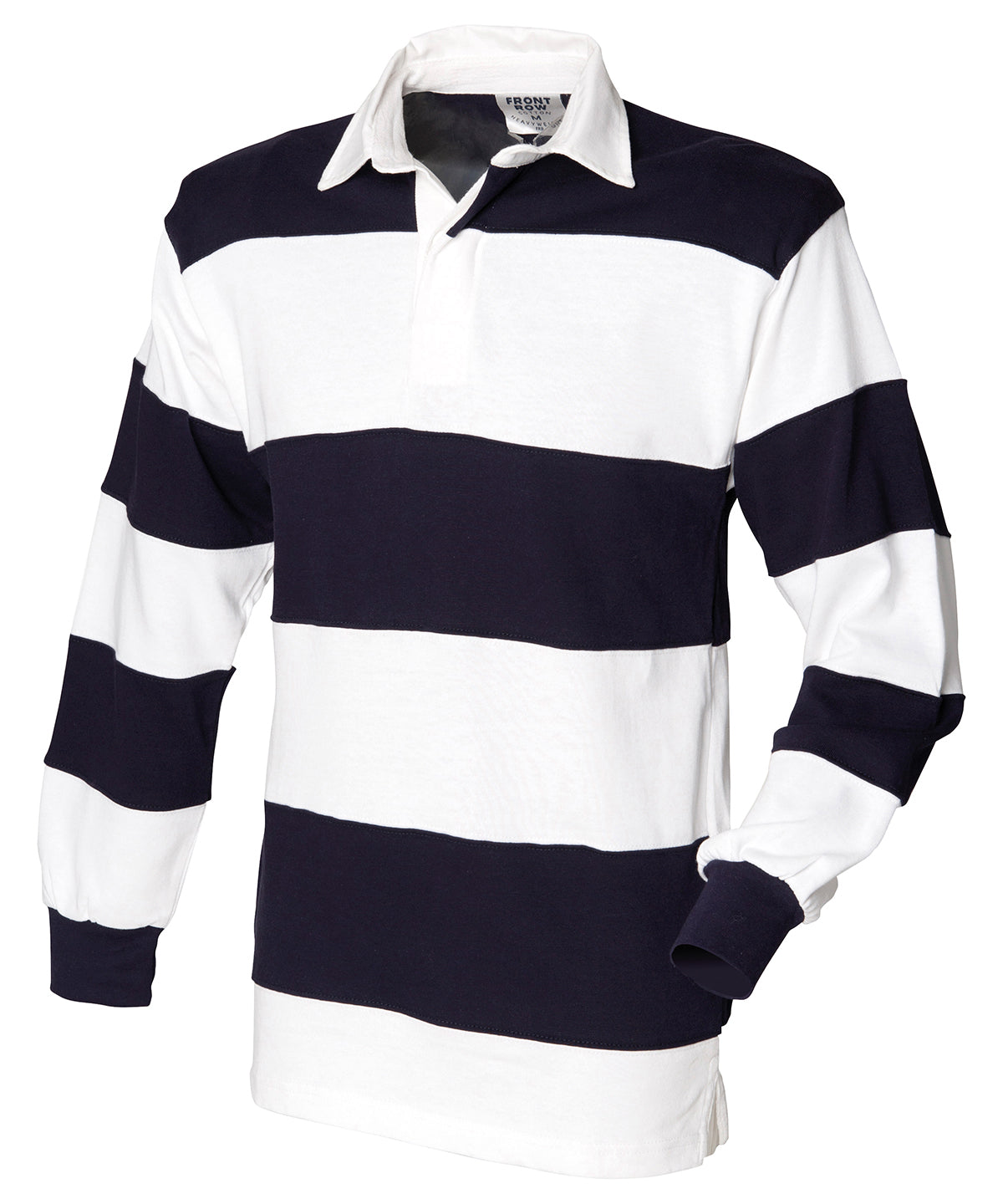 Navy and white striped rugby shirt on a white background