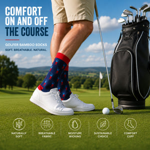 A golfer wearing navy bamboo socks with red and white patterns, khaki shorts, and white golf shoes stands on a golf course next to a black golf bag. The image includes text overlays highlighting the comfort and breathability of the golf socks, along with feature icons at the bottom.