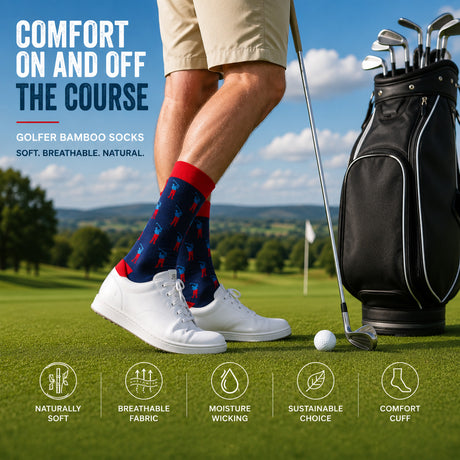 A golfer wearing navy bamboo socks with red and white patterns, khaki shorts, and white golf shoes stands on a golf course next to a black golf bag. The image includes text overlays highlighting the comfort and breathability of the golf socks, along with feature icons at the bottom.