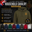 An olive green pullover hoodie with Household Cavalry regimental embroidery, displayed on a dark promotional background with text, size info, and a row of other available colors at the bottom.