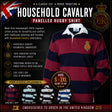 A promotional product graphic for a Household Cavalry panelled rugby shirt. The main shirt shown is burgundy and navy with a white collar and a crest on the chest.