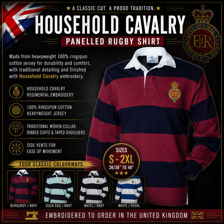A promotional product graphic for a Household Cavalry panelled rugby shirt. The main shirt shown is burgundy and navy with a white collar and a crest on the chest.