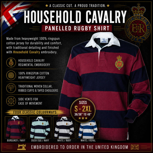 A promotional product graphic for a Household Cavalry panelled rugby shirt. The main shirt shown is burgundy and navy with a white collar and a crest on the chest.
