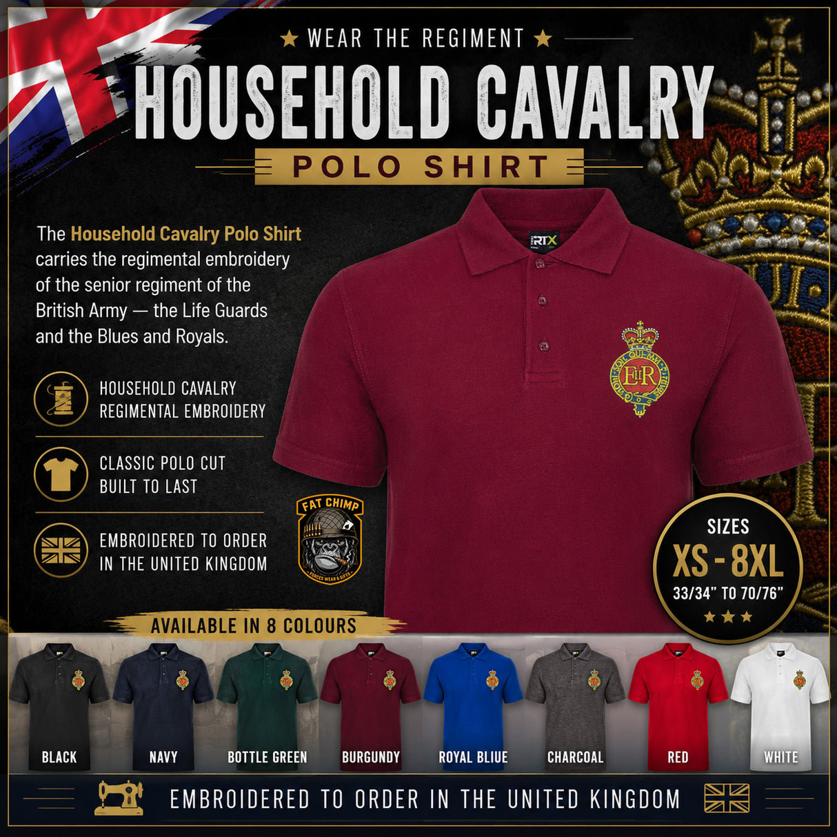 A promotional graphic for a Household Cavalry polo shirt. The main product shown is a maroon polo shirt with a gold regimental embroidery patch on the chest.