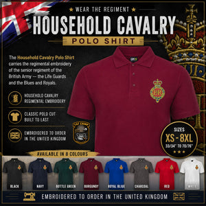 A promotional graphic for a Household Cavalry polo shirt. The main product shown is a maroon polo shirt with a gold regimental embroidery patch on the chest.