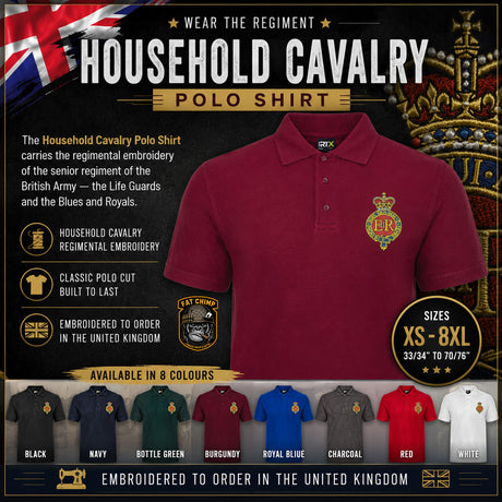 A promotional graphic for a Household Cavalry polo shirt. The main product shown is a maroon polo shirt with a gold regimental embroidery patch on the chest.